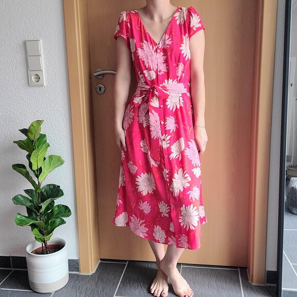 Talbots Pink Floral Chrysanthemum Belted Button Front Midi Shirt Dress 8 Petite - Picture 15 of 16